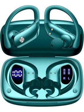 Green Wireless Earbuds Bluetooth LED Display Ear-hooks Built-in Mic Headset